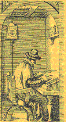 Seventeenth century scrivener at work. From title page of the Works of John Boys, 1622